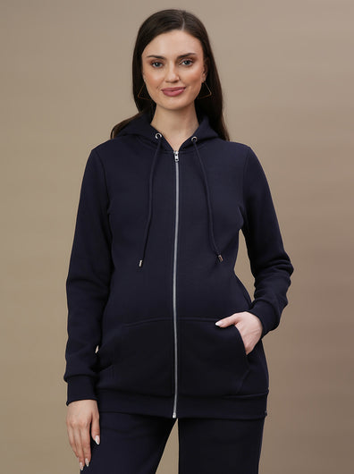 Maternity Zipper Fleece Sweatshirt- Navy Blue