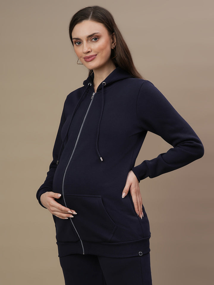 Maternity Zipper Fleece Sweatshirt- Navy Blue