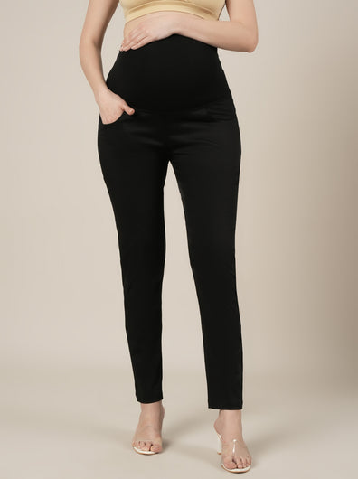 Stretchy Cotton Tapered Fit Formal Maternity Trousers-Black