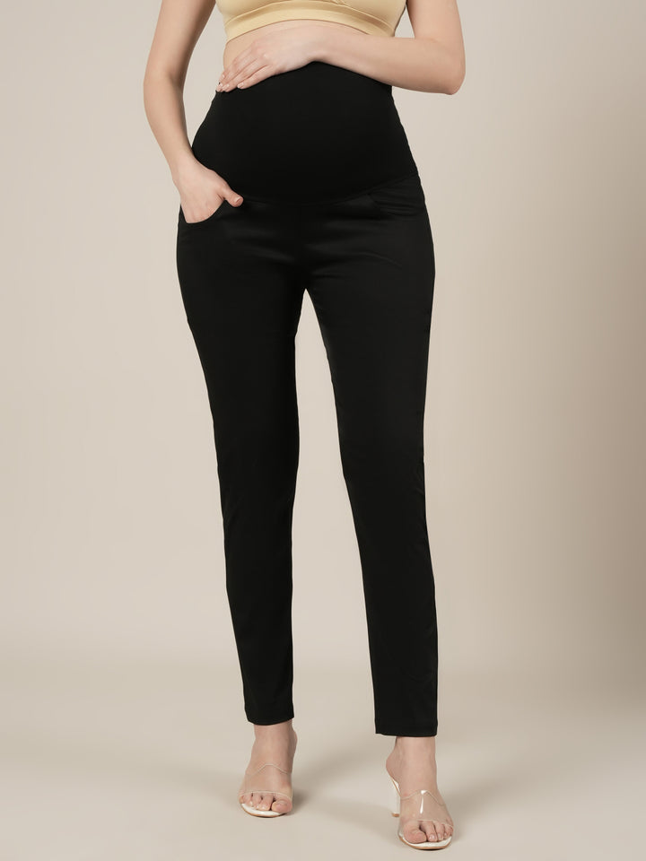 Stretchy Cotton Tapered Fit Formal Maternity Trousers-Black