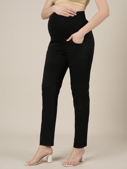 Stretchy Cotton Tapered Fit Formal Maternity Trousers-Black