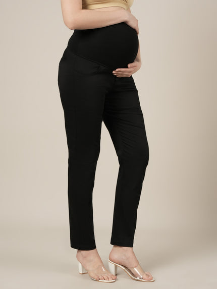 Stretchy Cotton Tapered Fit Formal Maternity Trousers-Black