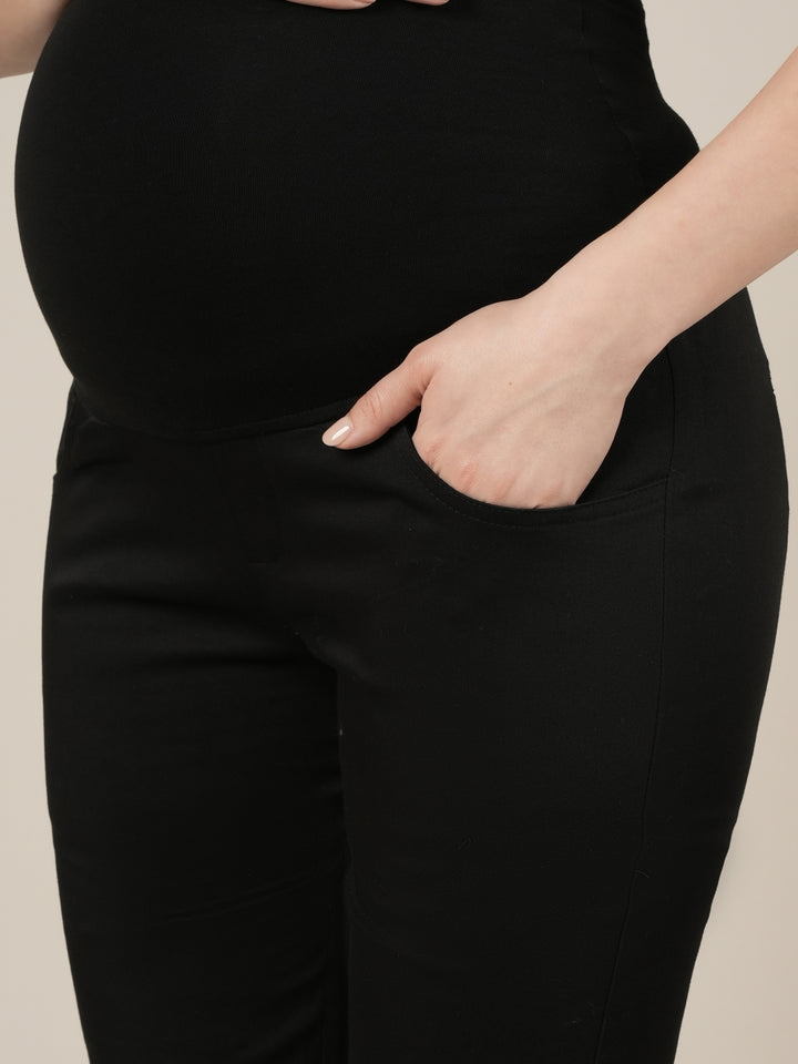 Stretchy Cotton Tapered Fit Formal Maternity Trousers-Black