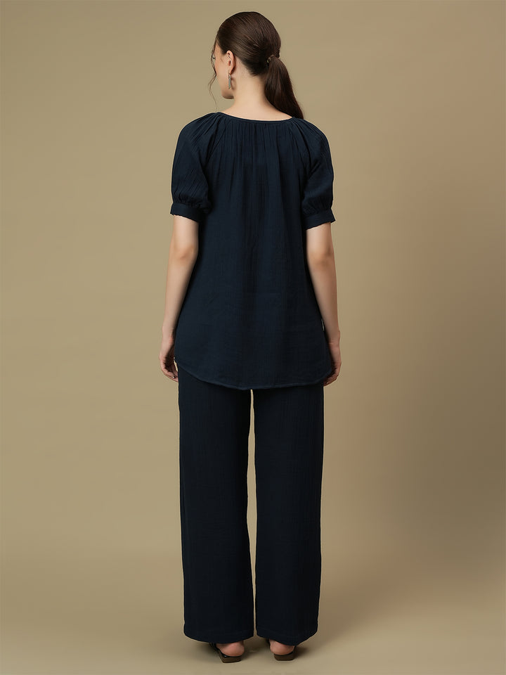 Maternity Top with Wide-leg Pants Co-ord Set-  Blue