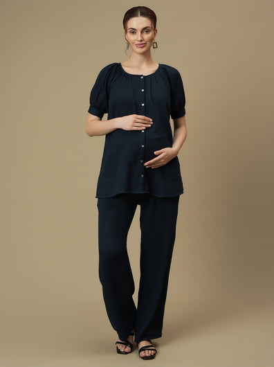 Maternity Top with Wide-leg Pants Co-ord Set-  Blue