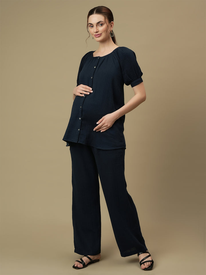 Maternity Top with Wide-leg Pants Co-ord Set-  Blue