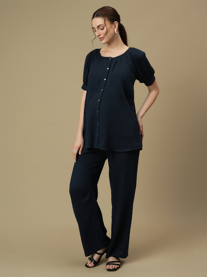 Maternity Top with Wide-leg Pants Co-ord Set-  Blue