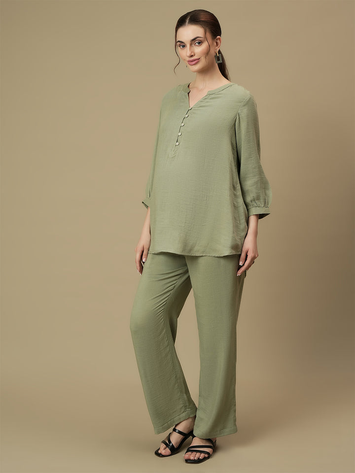 Maternity Tunic with Wide-leg Pants Co-ord Set- Green