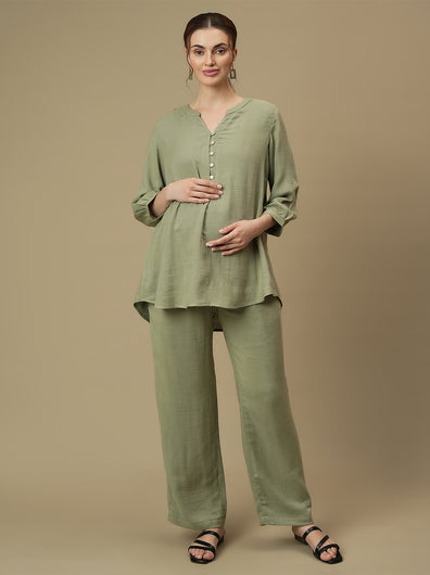 Maternity Tunic with Wide-leg Pants Co-ord Set- Green