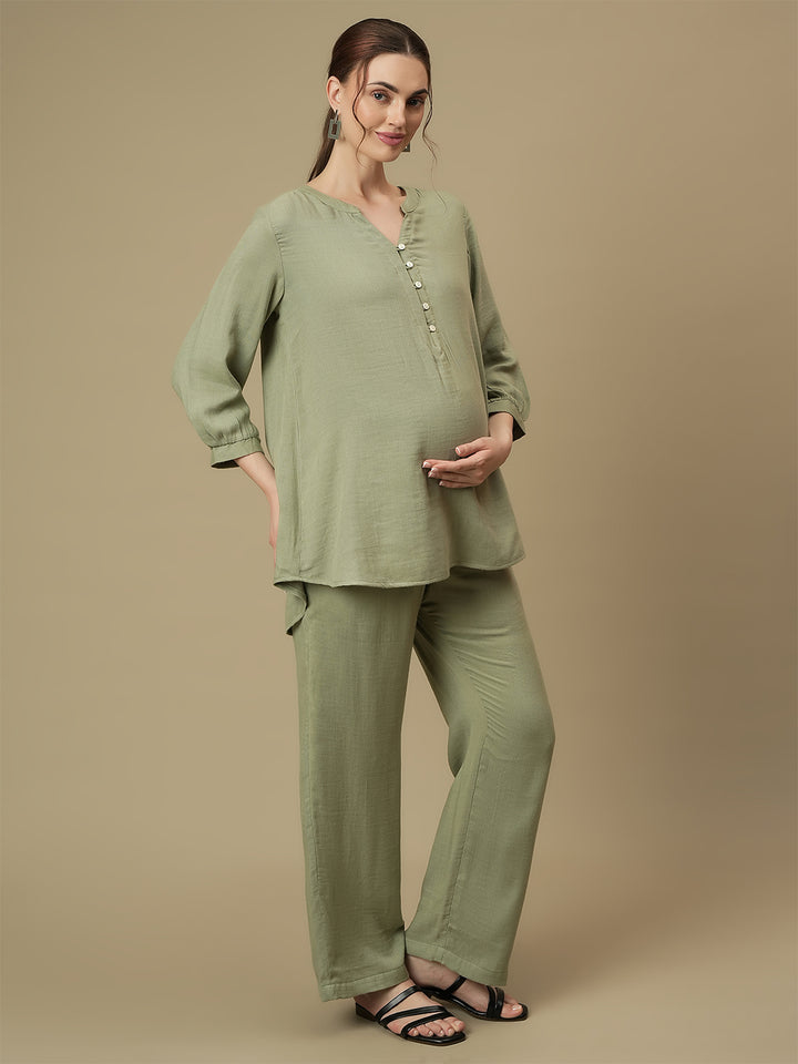 Maternity Tunic with Wide-leg Pants Co-ord Set- Green