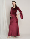 Purple Maternity Velvet Bodycon Gown with Bell Sleeves
