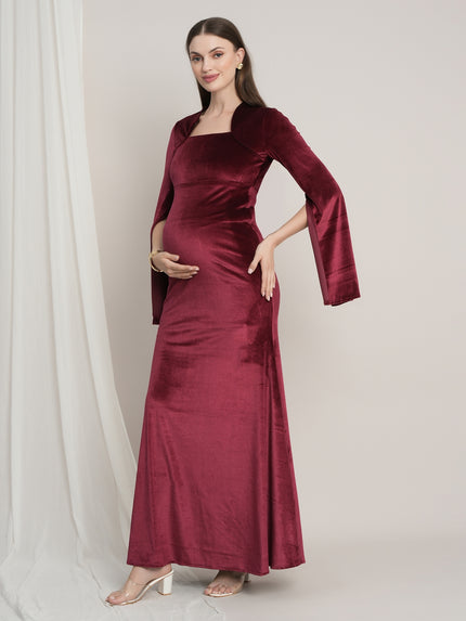 Purple Maternity Velvet Bodycon Gown with Bell Sleeves