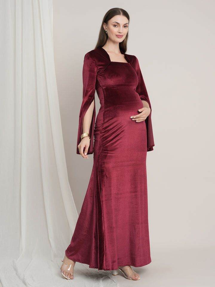 Purple Maternity Velvet Bodycon Gown with Bell Sleeves