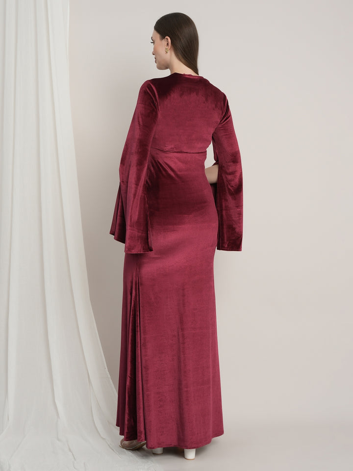 Purple Maternity Velvet Bodycon Gown with Bell Sleeves