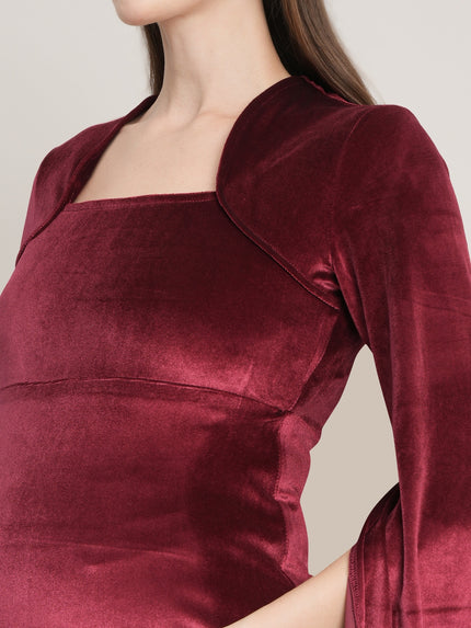 Purple Maternity Velvet Bodycon Gown with Bell Sleeves