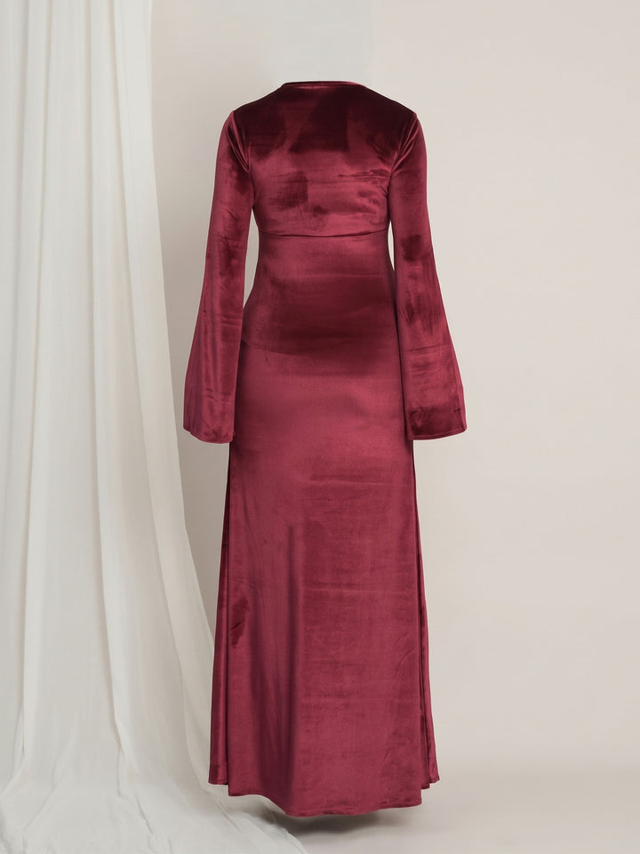 Purple Maternity Velvet Bodycon Gown with Bell Sleeves