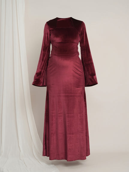 Purple Maternity Velvet Bodycon Gown with Bell Sleeves