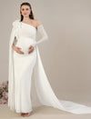 Maternity White Bodycon Gown with Detachable Train and Sleeves