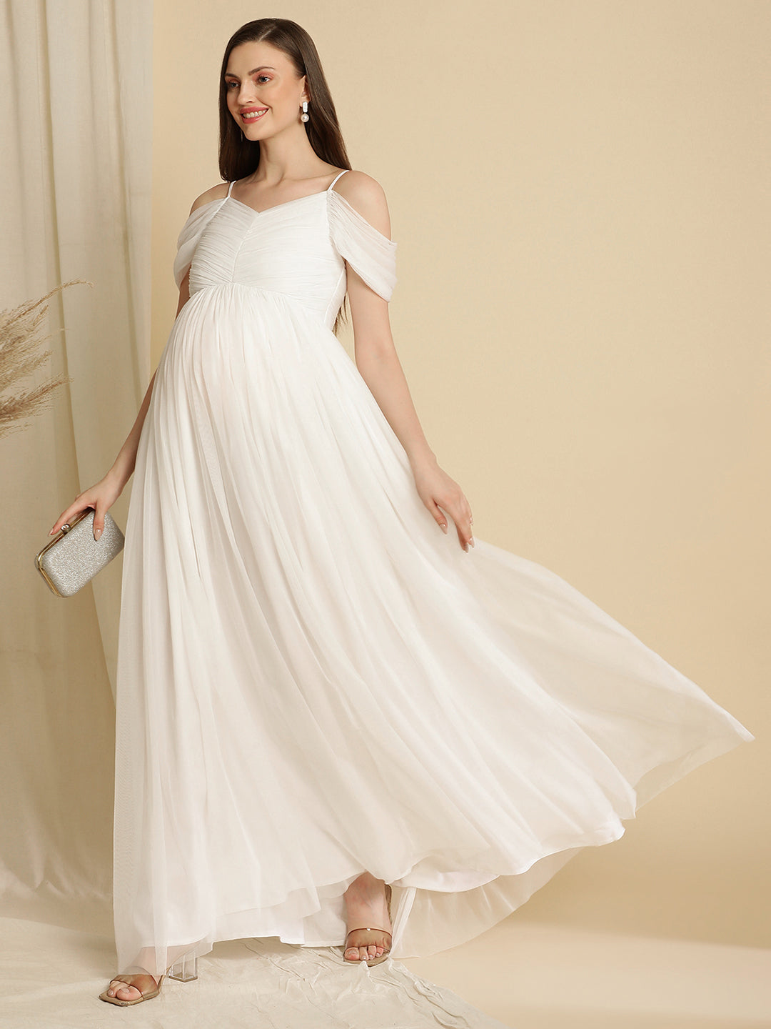 Romantic Tulle Maternity Maxi Dress- White