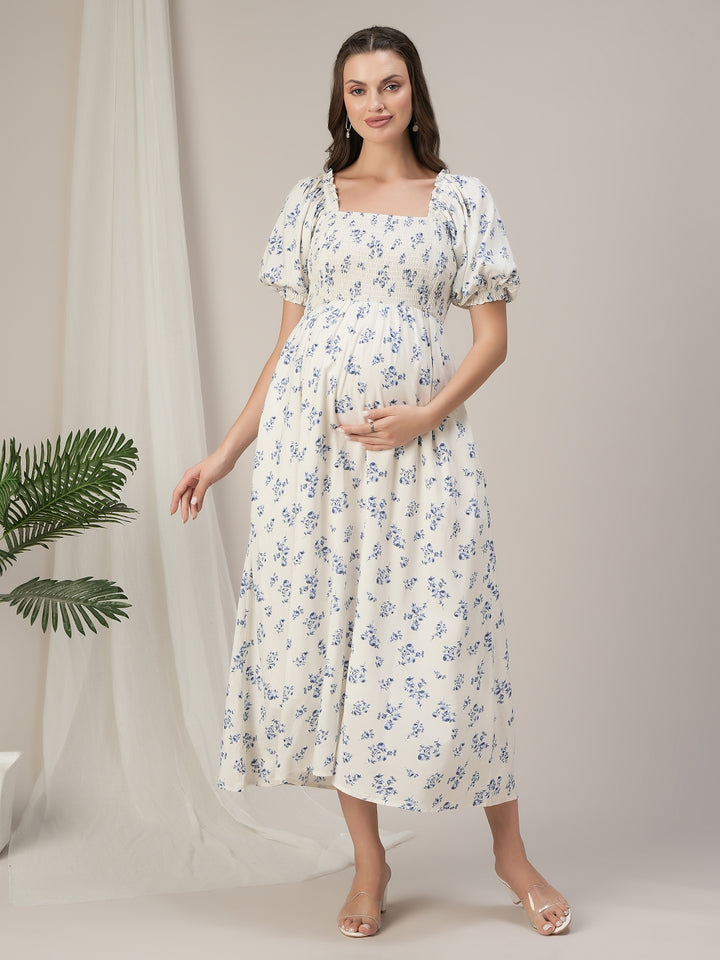 Maternity & Nursing White Floral Smocked Maxi Dress