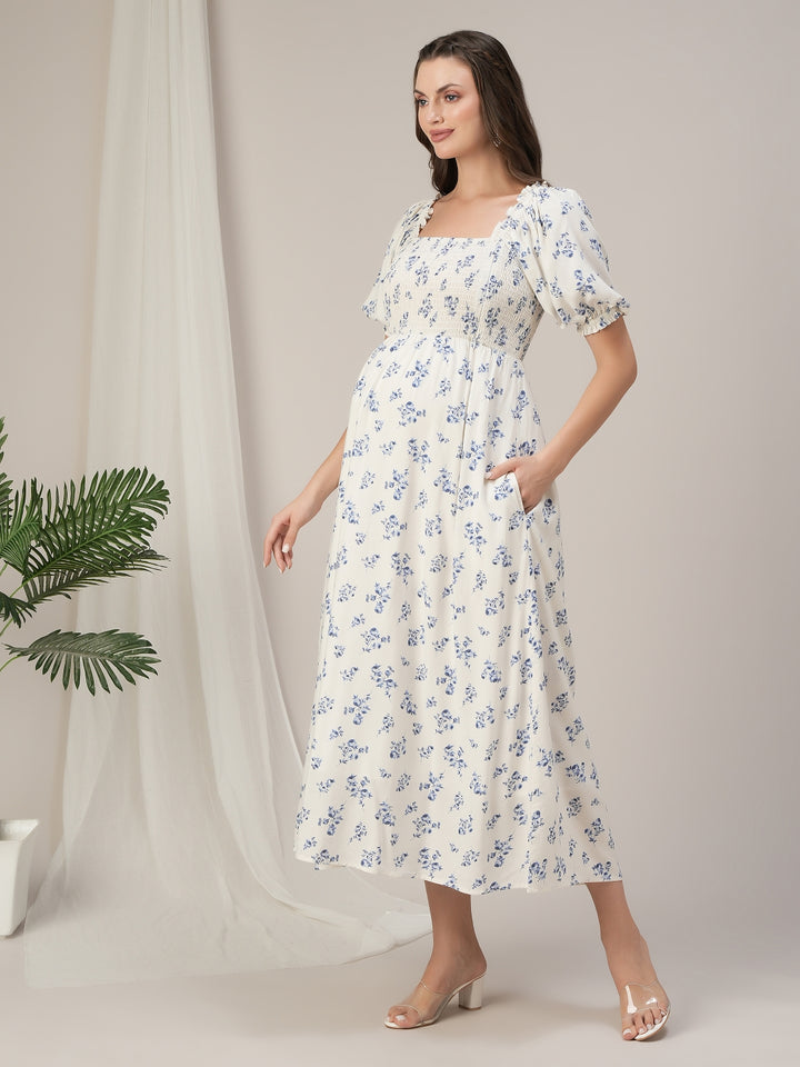 Maternity & Nursing White Floral Smocked Maxi Dress