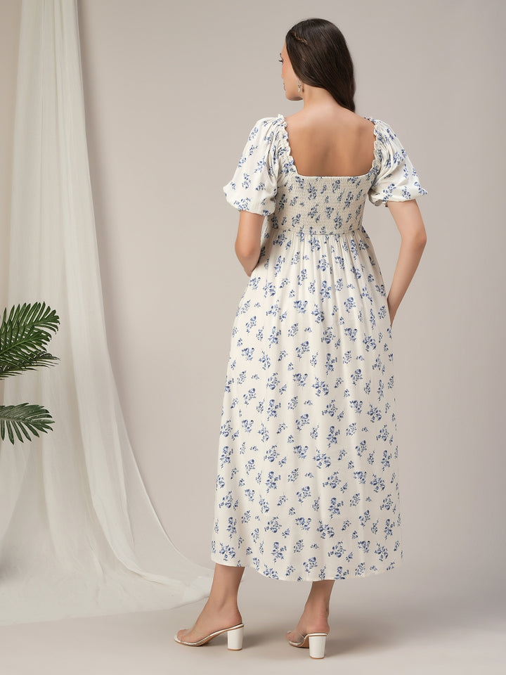 Maternity & Nursing White Floral Smocked Maxi Dress