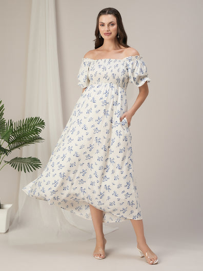 Maternity & Nursing White Floral Smocked Maxi Dress