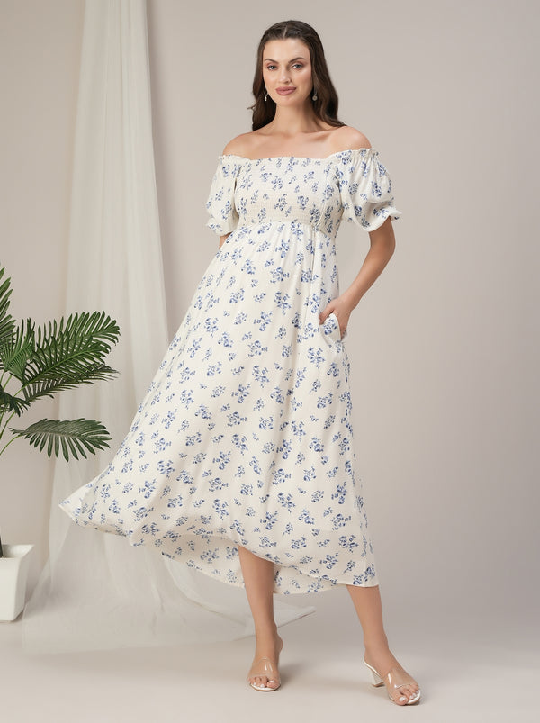 Maternity & Nursing White Floral Smocked Maxi Dress
