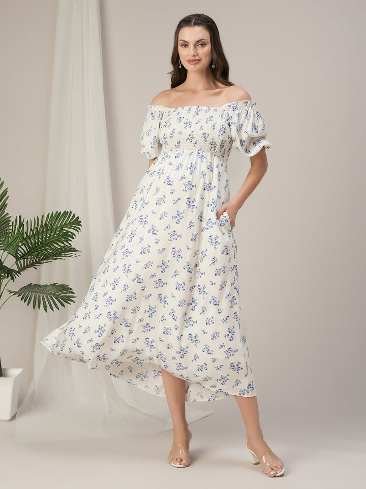 Maternity & Nursing White Floral Smocked Maxi Dress
