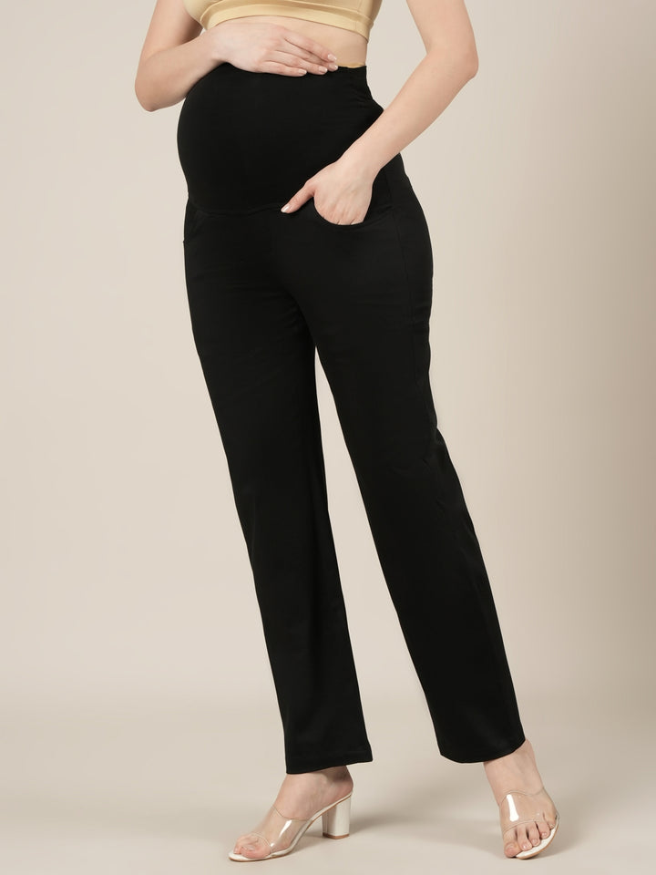 Stretchy Cotton Wide Leg Formal Maternity Trousers-Black