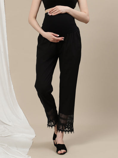 Maternity Cotton Wide-Leg Pants with Lace- Black