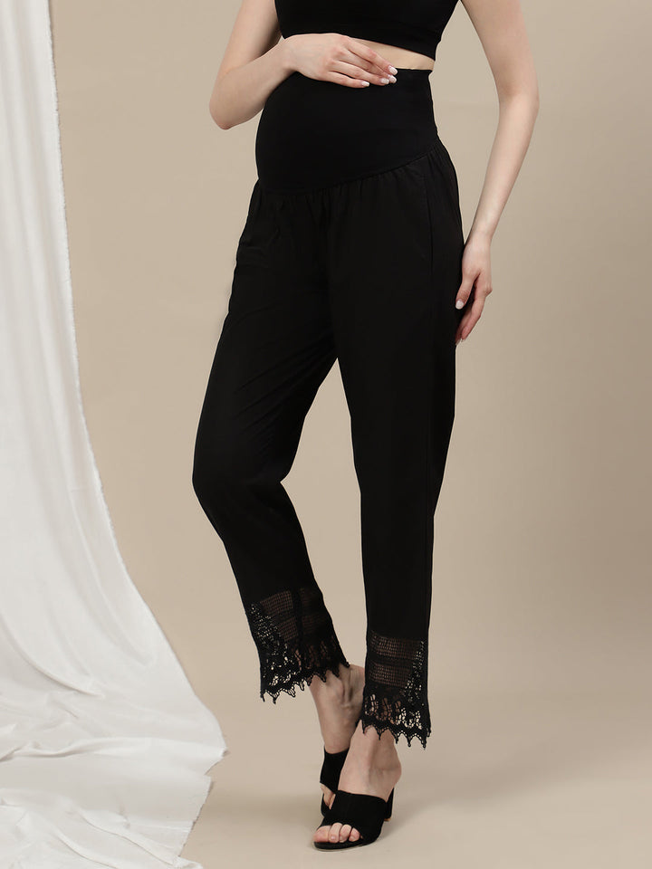Maternity Cotton Wide-Leg Pants with Lace- Black