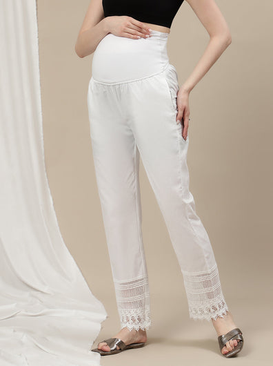 Maternity Cotton Wide-Leg Pants with Lace- White