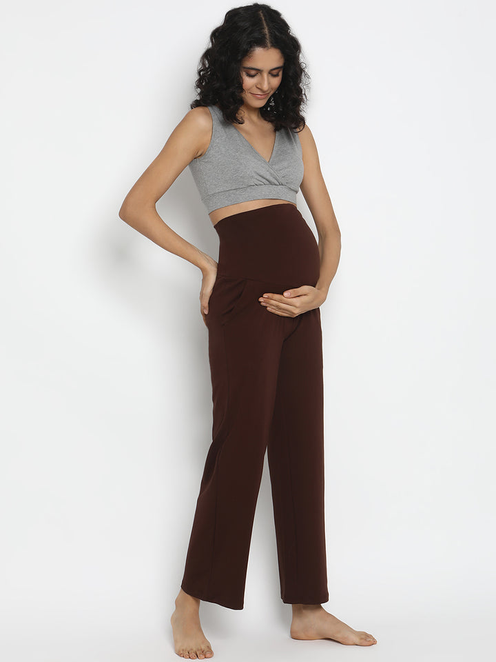 High Waist Wide-leg Maternity Pants- Brown