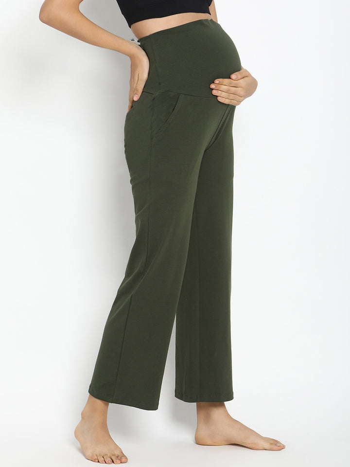 High Waist Wide-leg Maternity Pants- Green