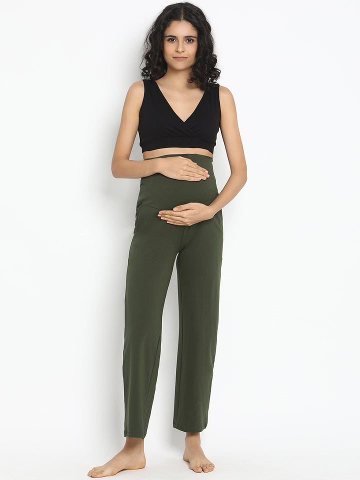 High Waist Wide-leg Maternity Pants- Green