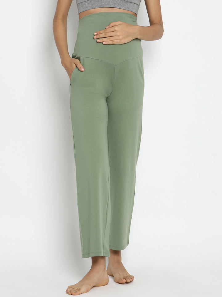 High Waist Wide-leg Maternity Pants- Light Green