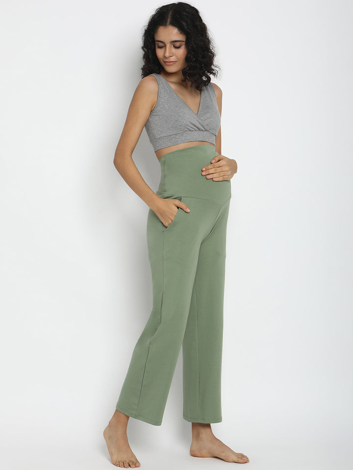 High Waist Wide-leg Maternity Pants- Light Green