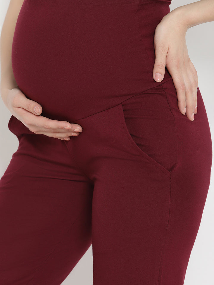 High Waist Wide-leg Maternity Pants- Wine Berry