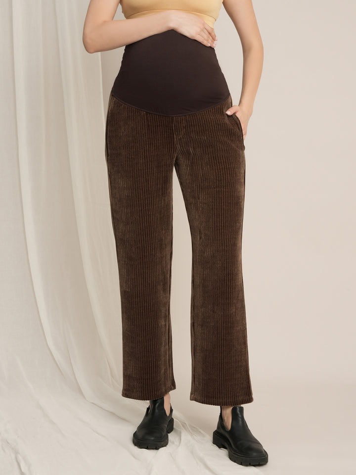 Brown Maternity Winter Corduroy Straight-Leg Pants