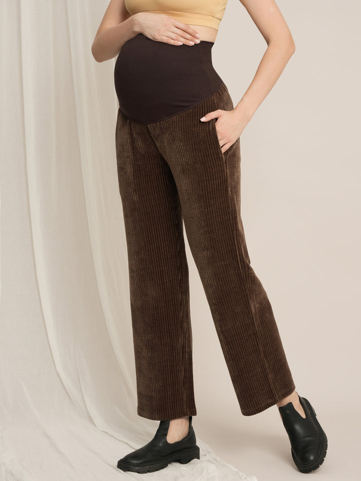 Brown Maternity Winter Corduroy Straight-Leg Pants