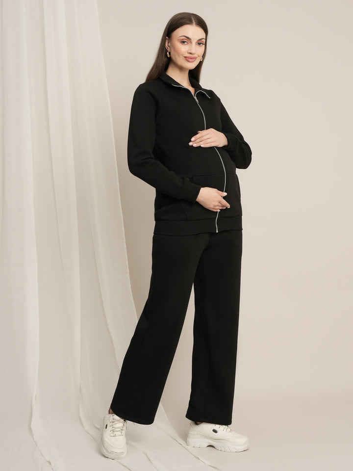 Maternity Winter Fleece Co-ord Set with Zip - Black
