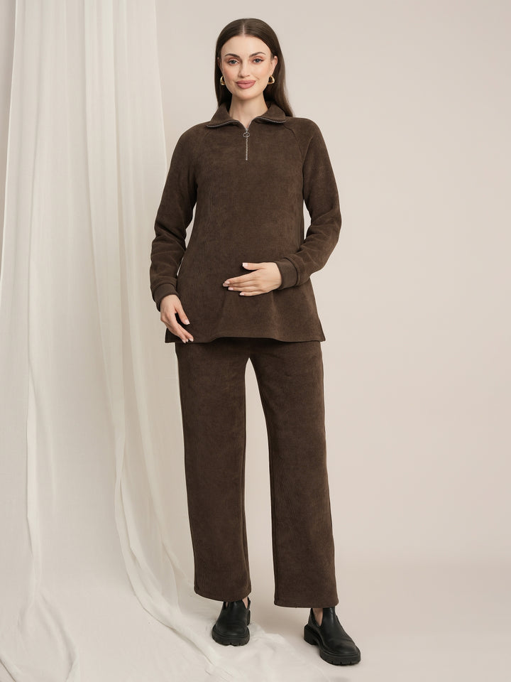 Maternity Winter Fleece Co-ord Set - Brown