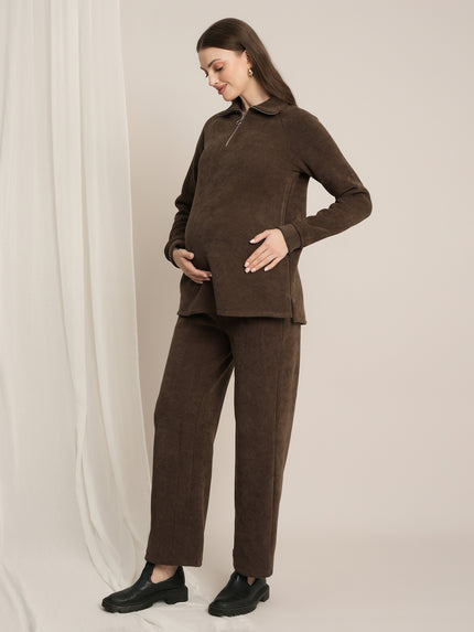 Maternity Winter Fleece Co-ord Set - Brown