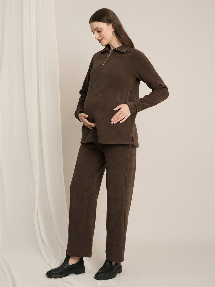 Maternity Winter Fleece Co-ord Set - Brown