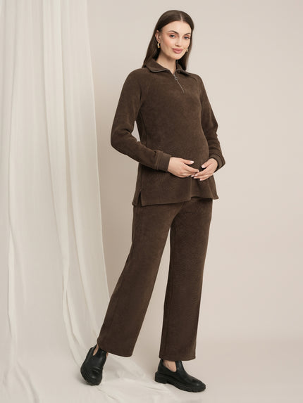 Maternity Winter Fleece Co-ord Set - Brown