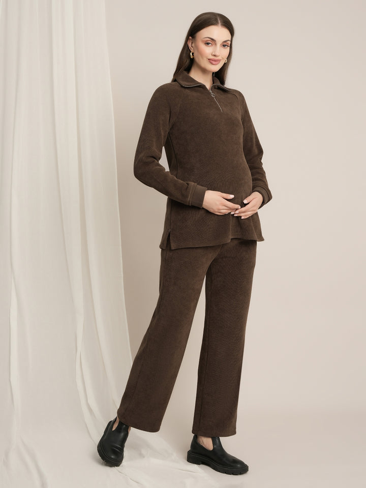 Maternity Winter Fleece Co-ord Set - Brown