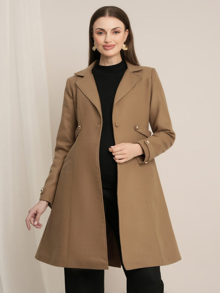 Maternity Winter Tweed A-Line Overcoat with Pockets - Beige