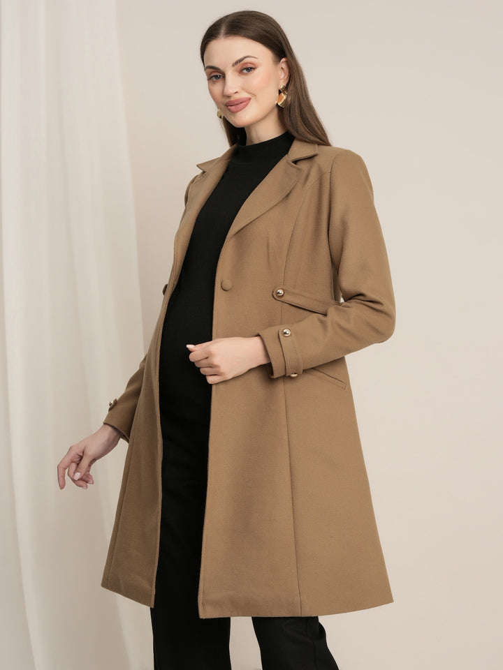 Maternity Winter Tweed A-Line Overcoat with Pockets - Beige