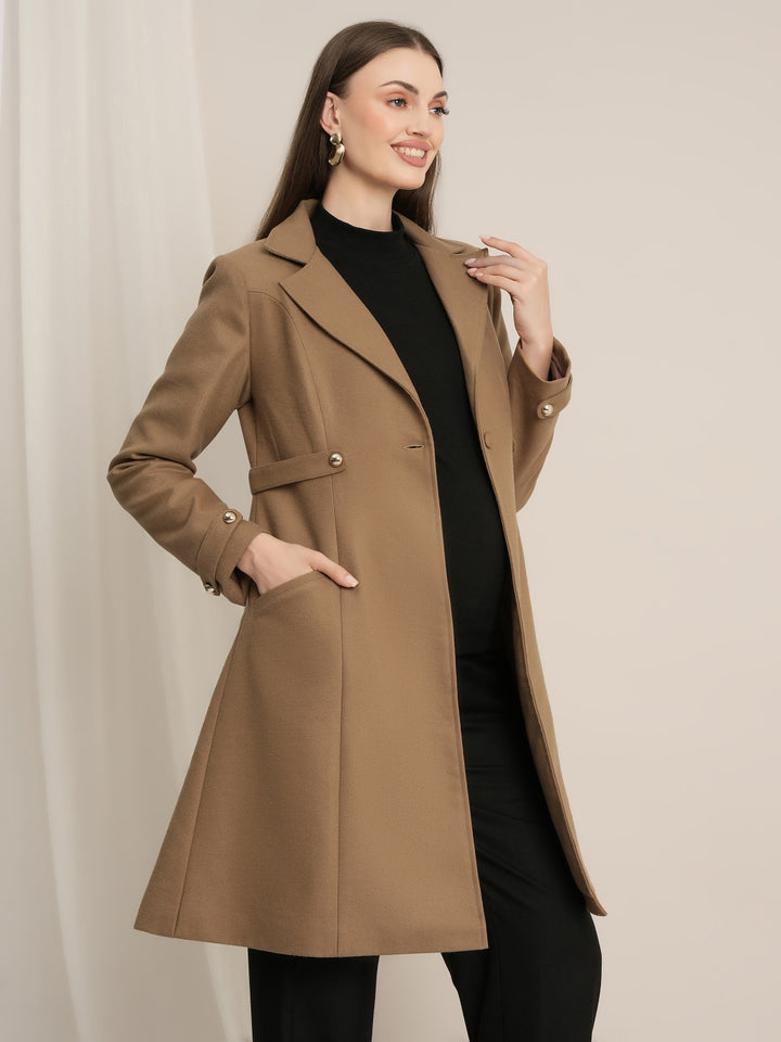 Maternity Winter Tweed A-Line Overcoat with Pockets - Beige